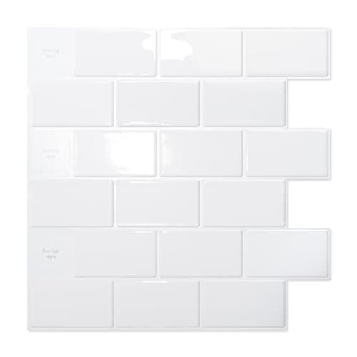 Art3d Lot de 10 Pièces Carrelage Autocollant Métro Noir pour Cuisine et Salle de Bain, Papier Adhésif en Vinyl 3D Brique — Blanc