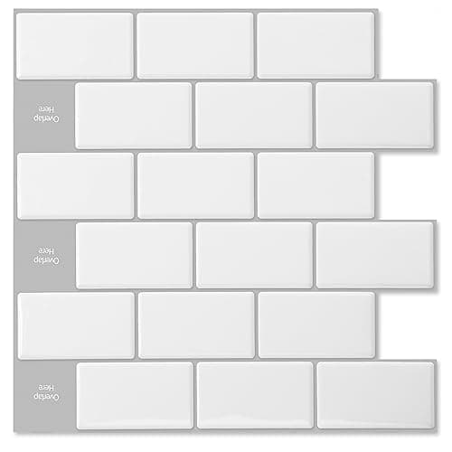 Art3d Lot de 10 Pièces Carrelage Autocollant Métro Noir pour Cuisine et Salle de Bain, Papier Adhésif en Vinyl 3D Brique — Blanc avec Joint Gris
