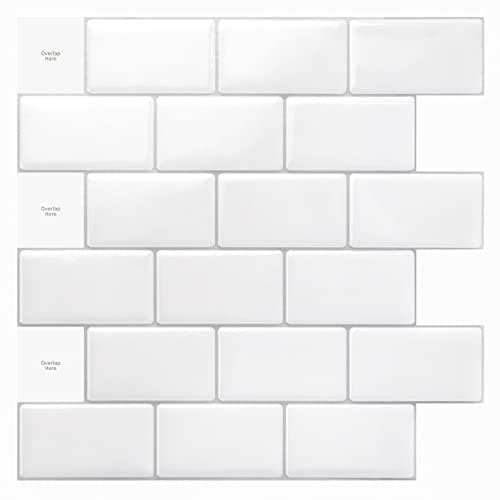 Art3d Lot de 10 Pièces Carrelage Autocollant Métro Noir pour Cuisine et Salle de Bain, Papier Adhésif en Vinyl 3D Brique — Blanc Froid avec Joints Gris