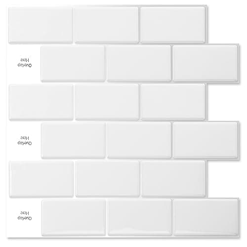 Art3d Lot de 10 Pièces Carrelage Autocollant Métro Noir pour Cuisine et Salle de Bain, Papier Adhésif en Vinyl 3D Brique — Blanc Neige
