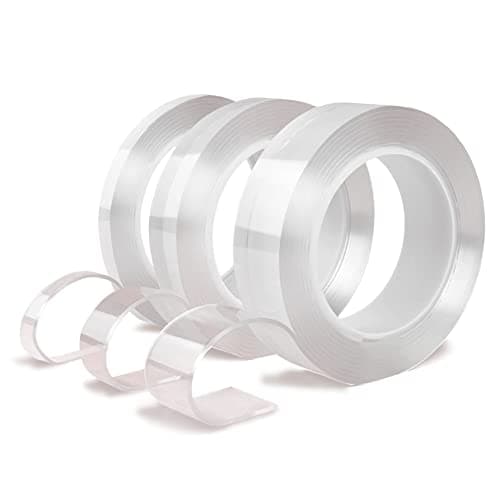 Ruban adhésif nano lavable double face (1,2,3 cm), lot de 3 rouleaux - 9 m totaux, transparent, sans traces