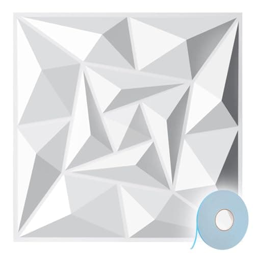 Panneaux muraux 3D Jaxguom diamant - Résistants et indéformables - Pour décoration intérieure - Lot de 12 panneaux 30 x — Diamant02 Blanc avec Ruban Adhésif