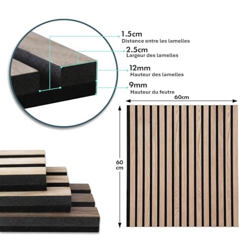 KARAT Panneaux muraux en MDFIsolation sonore pour Bureau Maison - Tasseau mural Décoration Red Oak 60x60 cm 2,1 cm
