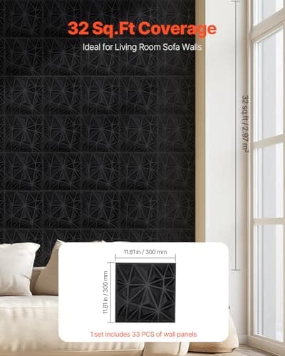 VEVOR Panneaux Muraux 3D Noir Mat Motif Diamant, Lot de 33, Couverture 2,97 m², Déco Intérieure Moderniste pour Plafond