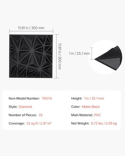 VEVOR Panneaux Muraux 3D Noir Mat Motif Diamant, Lot de 33, Couverture 2,97 m², Déco Intérieure Moderniste pour Plafond