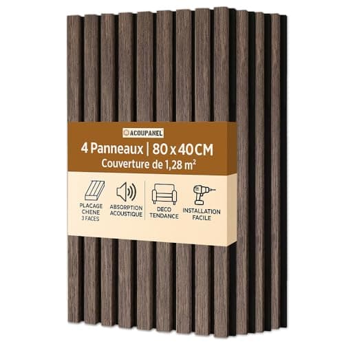 ACOUPANEL | Panneau Acoustique en Tasseaux Bois Chêne | Lot de 4 Panneaux Muraux 1,28 m² | Isolation Phonique Facile à I — Chêne Fumé