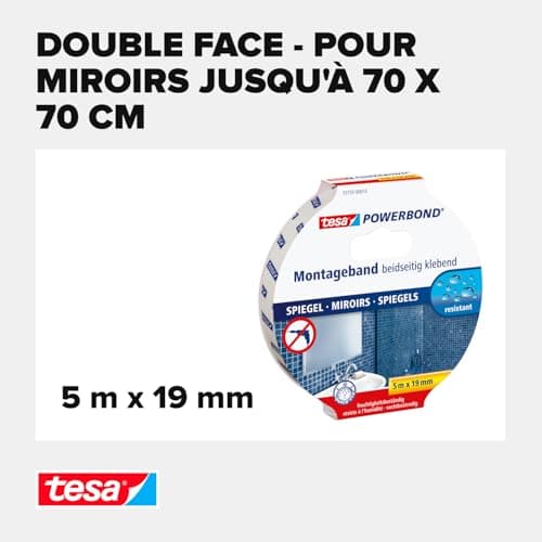 Adhésif Tesa Double-Face pour Miroirs – Humide et Salles de Bains – Fixation Sans Vis – Résistant et Sécuritaire 5m x 1,