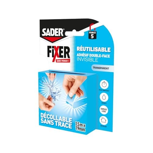 Adhésif_double_face_Sader_Fixer_Sans_Percer_Extrême_Intérieur_Surfaces_multiples_Supporte_jusqu'à_10_KG Blanc_2m_x_19mm — Transparent