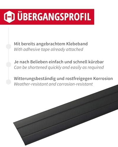 Seuil de porte ALPENSTAHL | Longueur 200 cm, Largeur 37 mm | Aluminium Noir | Pour planchers en stratifiés | Moulure aut