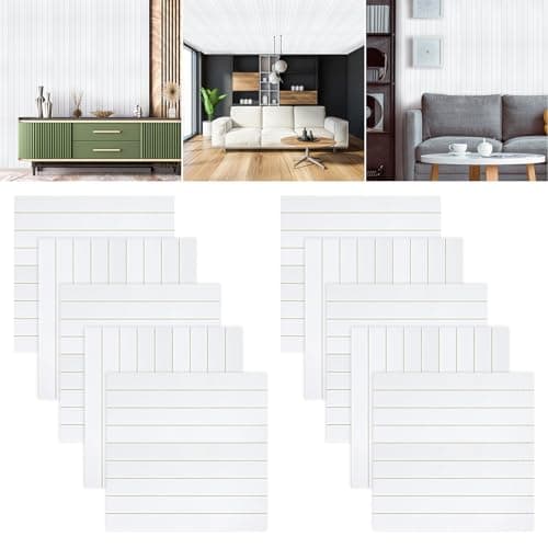 Panneaux muraux 3D autocollants bois 40x40 cm imperméables et résistants - Cuisine et chambre - Blanc pur - Lot de 10 pa