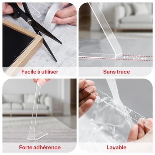 Ruban Adhésif Double Face FIXCHORD Extra Fort pour Murs et Moquettes,traitable par tous et imperméable, adapté aux Répar