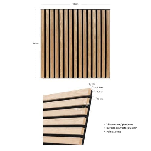 Atmosphera - Panneau Décoratif Tasseaux Bois Colva - 60x60cm - Beige Fond Noir - Réduction du Bruit pour Entrée, Chambre