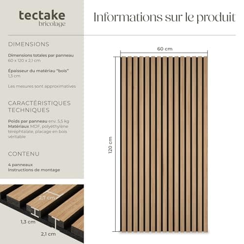 Tectake® Isolation phonique chambre bureau studio musique bois MDF 120x60x2,1cm Lot 4 panneaux acoustiques furnishings d