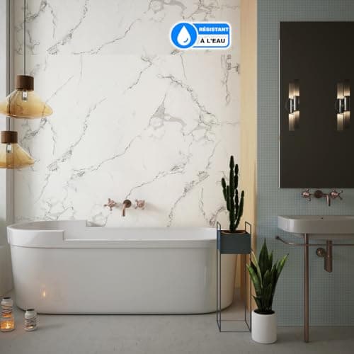 IZODEKOR Revêtement Mural Carrare pour Salon et Cuisine - Effet Marbre, Surface Brillante | Alternative Carrelage Marbre
