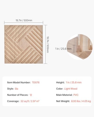 VEVOR Panneaux Muraux 3D Couleur Bois Clair pour Chambre et Salon - Déco Intérieure Moderne Minimaliste - 50x50 cm x 12
