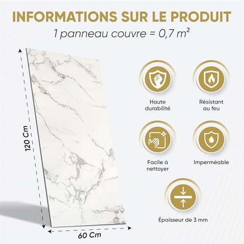 IZODEKOR Revêtement Mural Carrare pour Salon et Cuisine - Effet Marbre, Surface Brillante | Alternative Carrelage Marbre