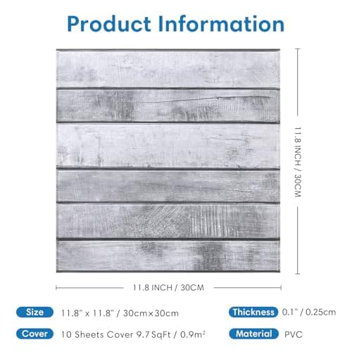 Murales 3D COMSTICKC Imitation Bois Hellgrau 10 Pièces 30x30cm Rétro Imperméable