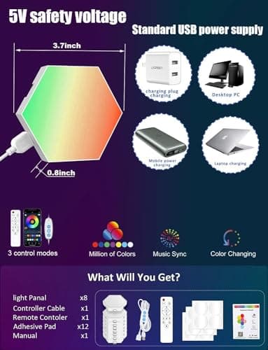 Panneau LED Hexagone Murale Lampe Smart RGB Modulaires Light pour Gaming Setup - Contrôle Tactile & App Télécommande - N