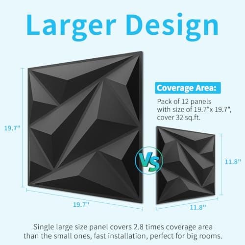 Art3dwallpanels Lot de 12 panneaux muraux 3D pour décoration murale intérieure, noir, 50 x 50 cm, motifs diamant texturé