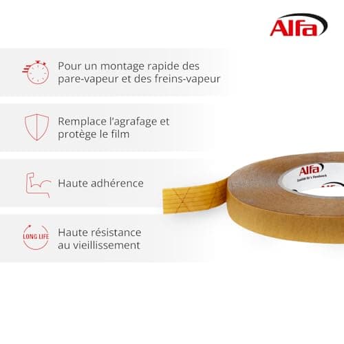 Twin Rubant Adhésif Double Face 145 ALFA - 50 mm x 50 m - Pare-Vapeur - Membrane Sous-Toiture - 1 Pièce