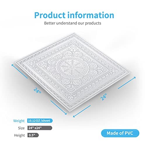 Art3d Dalles de Plafond à Coller en Plastique Blanc - 12 Pièces, 61 x 61 cm, 4,5㎡ - Pose Facile, Idéal pour Maison et Bu