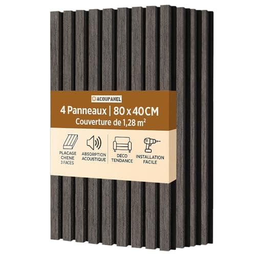 ACOUPANEL | Panneau Acoustique en Tasseaux Bois Chêne | Lot de 4 Panneaux Muraux 1,28 m² | Isolation Phonique Facile à I — Chêne Noir