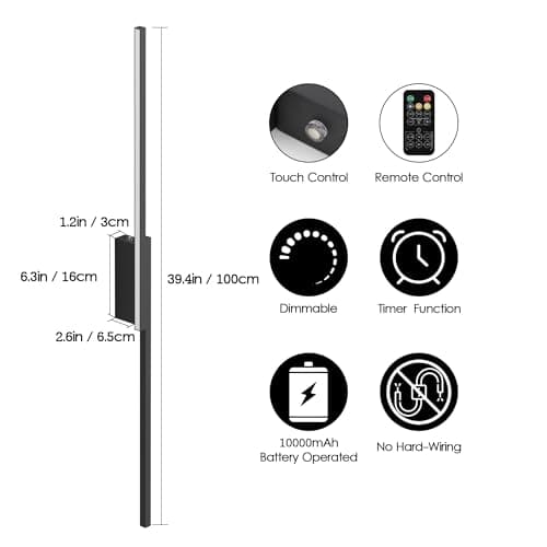 Aipsun Applique murale LED sans fil à batterie moderne pour chambre à coucher et salon, 10000mAh USB-C rechargeable, noi