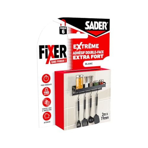 Adhésif_double_face_Sader_Fixer_Sans_Percer_Extrême_Intérieur_Surfaces_multiples_Supporte_jusqu'à_10_KG Blanc_2m_x_19mm