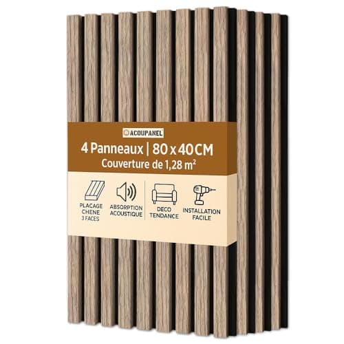 ACOUPANEL | Panneau Acoustique en Tasseaux Bois Chêne | Lot de 4 Panneaux Muraux 1,28 m² | Isolation Phonique Facile à I