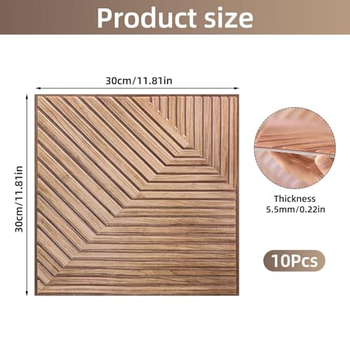 Lot de 10 Panneaux Muraux 3D Autocollants Aspect Bois pour Décoration Murale Intérieure et Amélioration Acoustique (Jaun