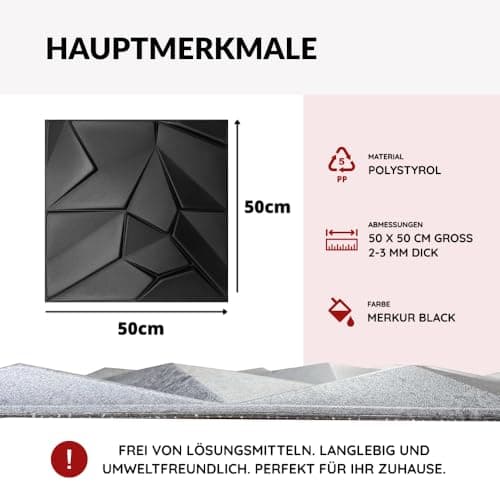 Panneaux muraux 3D mercure noir 6 m² (24 pièces) pour décoration murale - Revêtement mural en polystyrène