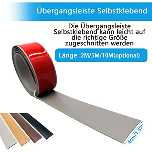 Bande de transition autocollante en vinyle (2 m x 4 cm) - Revêtement de sol gris avec grain de bois pour seuil de porte,