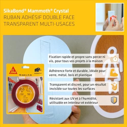 Ruban adhésif double face extra fort SikaBond Mammoth Crystal - Fixation rapide - Intérieur et extérieur - 5m