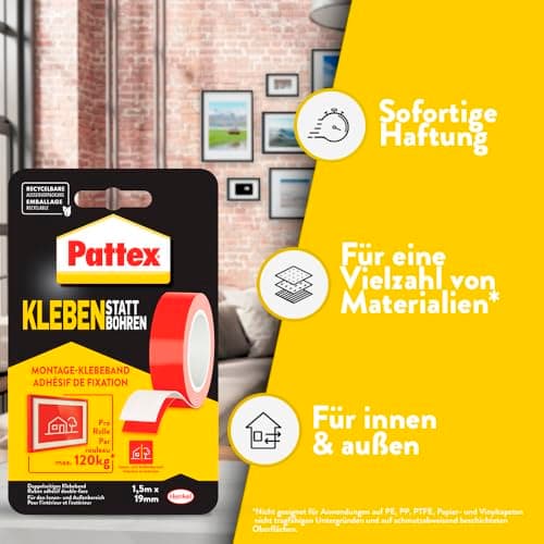 Pattex ruban adhésif au lieu de percer | Forte adhérence double face | Pour montage intérieur et extérieur | Montage mur