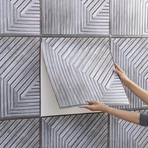Panneaux Muraux 3D Autocollants Aspect Bois Décoration Murale Intérieure Panneaux Acoustiques 30 x 30 cm Gris