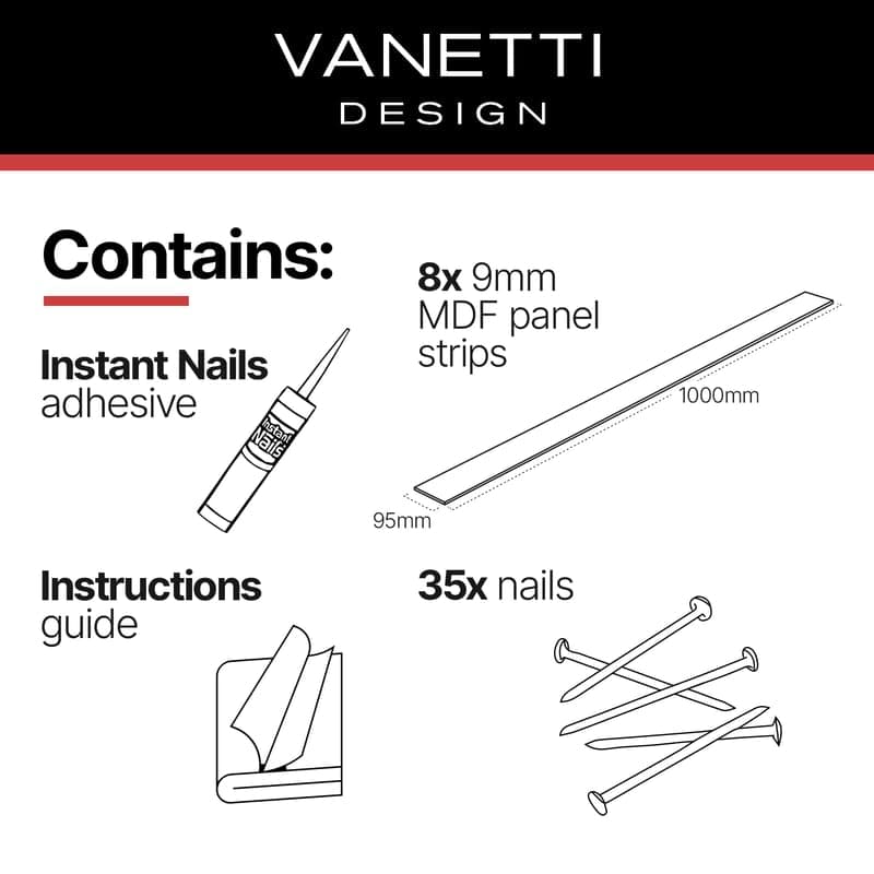 Vanetti Design Kit de Panneaux Muraux Bois 3D pour Salon - Résistant à l'Humidité, Style Shaker, 8 Panneaux Inclus, Coll