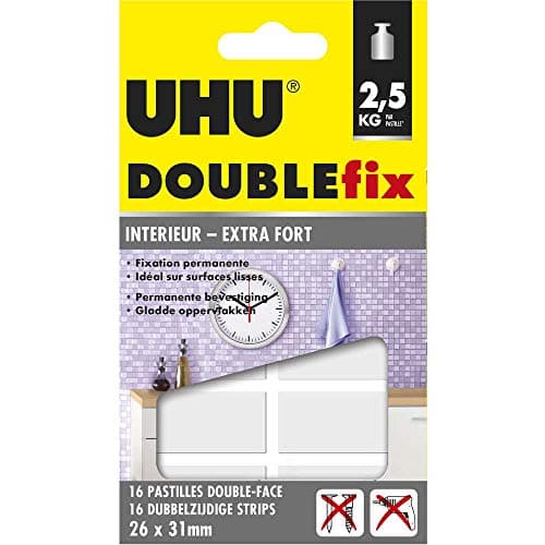 UBIQUO Doublefix intérieur extra fort - Ruban adhésif double face ultra puissant, 16 pastilles, parfait pour la réparati