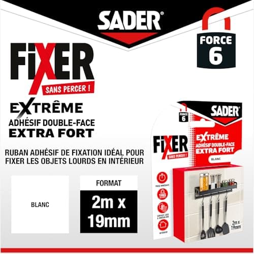 Adhésif_double_face_Sader_Fixer_Sans_Percer_Extrême_Intérieur_Surfaces_multiples_Supporte_jusqu'à_10_KG Blanc_2m_x_19mm