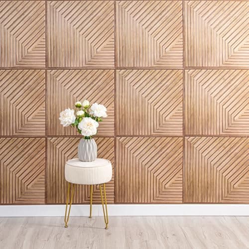 Lot de 10 Panneaux Muraux 3D Autocollants Aspect Bois pour Décoration Murale Intérieure et Amélioration Acoustique (Jaun