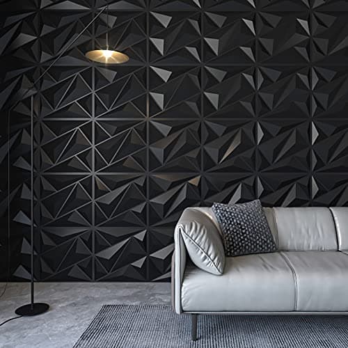 Art3dwallpanels Lot de 12 panneaux muraux 3D pour décoration murale intérieure, noir, 50 x 50 cm, motifs diamant texturé