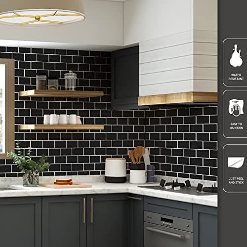 Art3d Lot de 10 Pièces Carrelage Autocollant Métro Noir pour Cuisine et Salle de Bain, Papier Adhésif en Vinyl 3D Brique