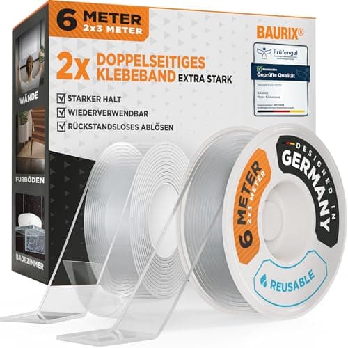 Baurix® Ruban adhésif double face pour réparations robustes - Forte adhérence - Transparent en silicone lavable - 2x 3 m