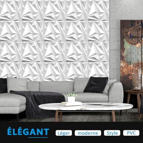 LeapBeast Lot de 12 Panneaux Muraux Texturés 3D pour Salon - Décoration Murale Intérieure en Blanc PVC - Idéal pour Déco