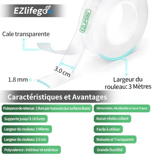 EZlifego Adhésif Double Face Extra Fort, Puissant et Réutilisable pour Bureaux et Maison (3Mètres)  
EZlifego Adhésif Do