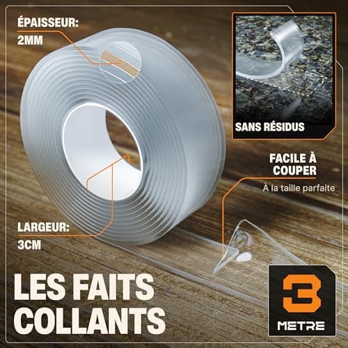 BAURIX® Ruban adhésif double face [3m] - Fort en adhésion, résistant et lavable - Idéal pour la réparation et le bricola