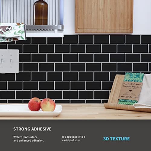 Art3d Lot de 10 Pièces Carrelage Autocollant Métro Noir pour Cuisine et Salle de Bain, Papier Adhésif en Vinyl 3D Brique