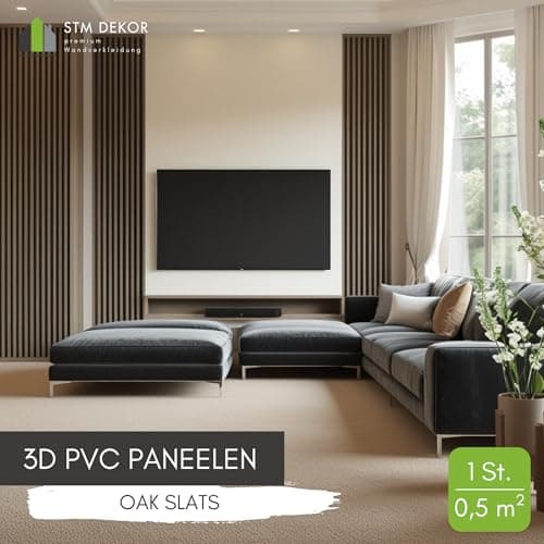 Panneaux muraux 3D en PVC pour revêtement mural bois - Décoration murale intérieure - Aspect chêne (lattes) - 50 x 97 cm