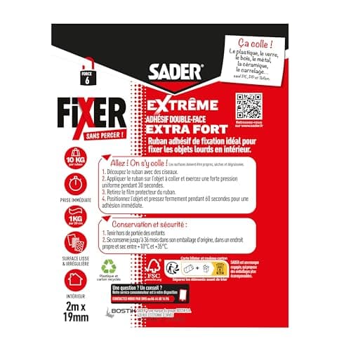 Adhésif_double_face_Sader_Fixer_Sans_Percer_Extrême_Intérieur_Surfaces_multiples_Supporte_jusqu'à_10_KG Blanc_2m_x_19mm