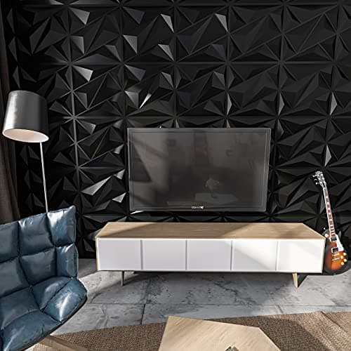 Art3dwallpanels Lot de 12 panneaux muraux 3D pour décoration murale intérieure, noir, 50 x 50 cm, motifs diamant texturé
