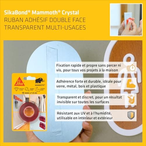 Sika - Ruban adhésif double face extra fort et transparent - Fixation rapide sans perçage - Intérieur et extérieur - Mai